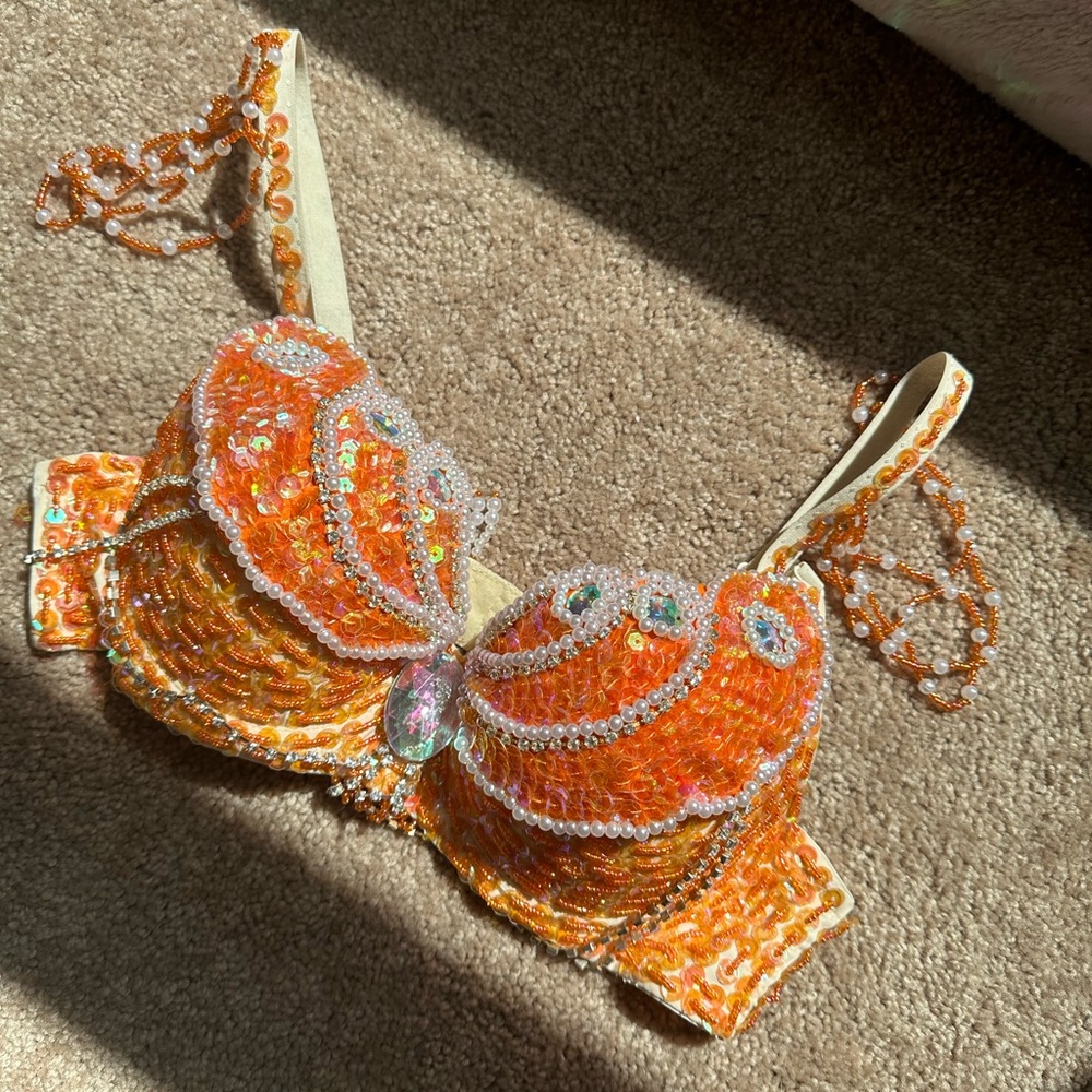 Orange Sequin Beaded Mermaid Festival Bra